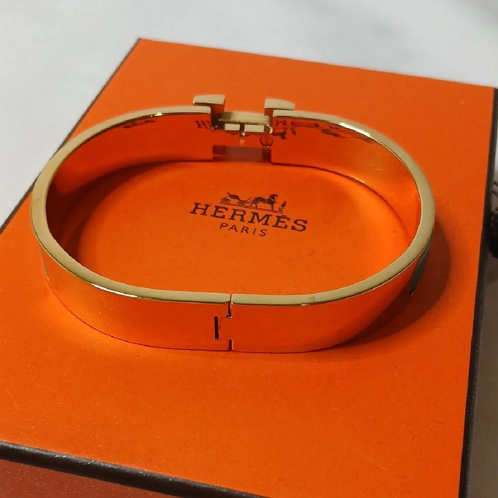 Hermes Gold H Clic Clac Bracelet with Turquoise Enamel - Picture 4 of 4
